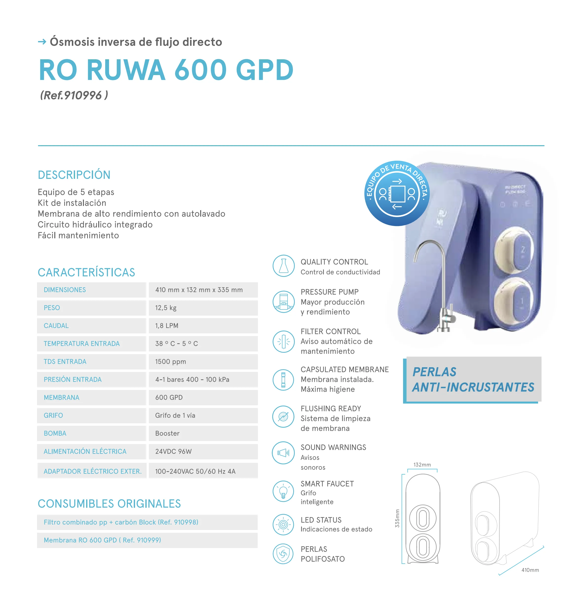 Ficha técnica de la ósmosis RO Ruwa 600 GPD
